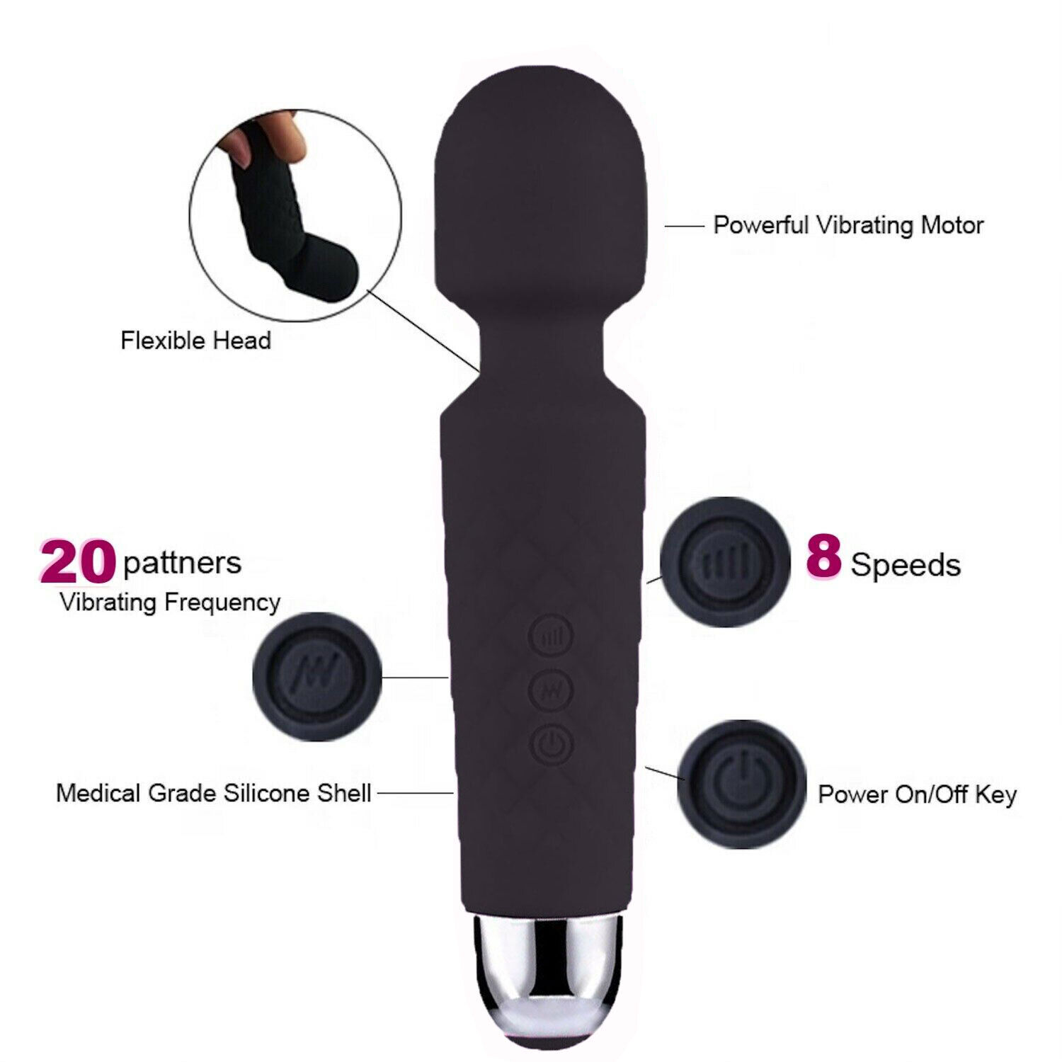 20 Speed Handheld Massager Wand Vibrating Massage Magic Full Body Therapy Motor