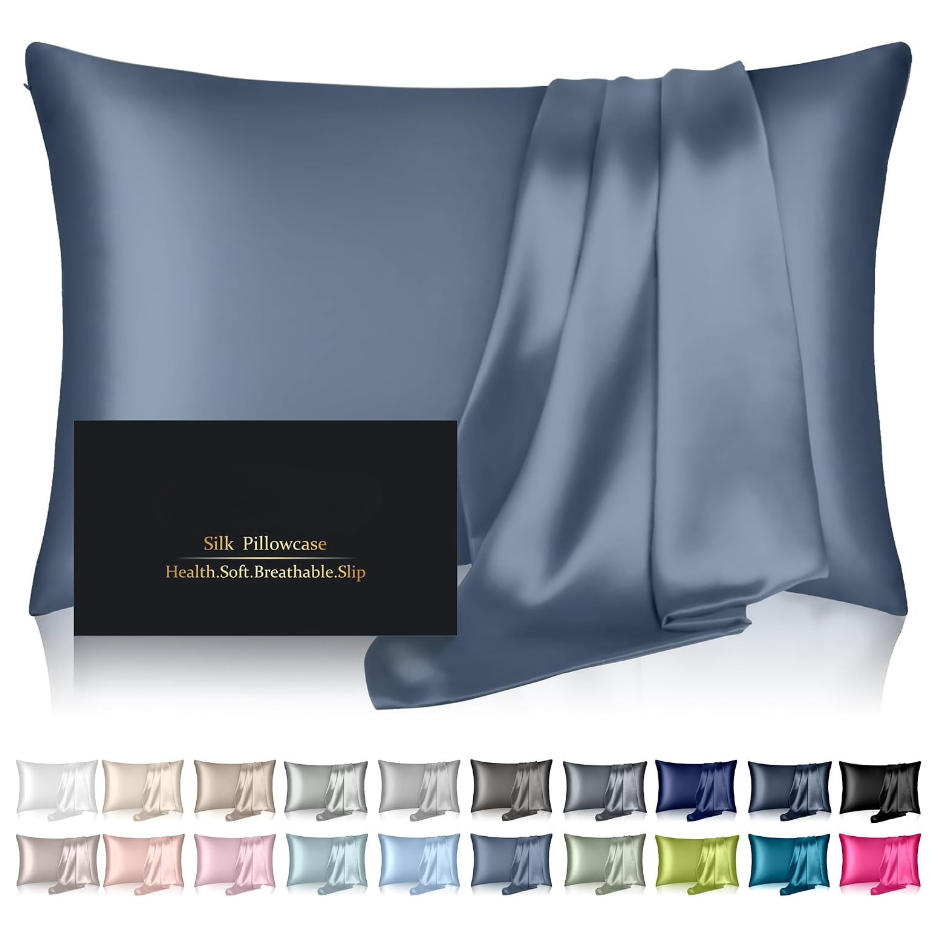 Mulberry Silk Pillowcase, Standard Size Zippered Pillow Cover For Hair And Skin Care, Soft Sleeping Pillowcase, Ash Blue