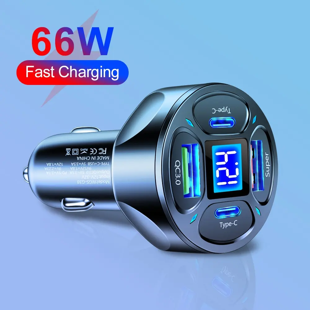 66W 2USB 2Type-c Digital Display Car Charger