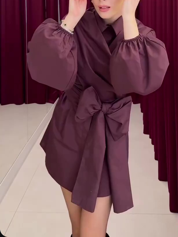 Deep Magenta Structured Wrap Tie-Waist Puff Sleeve Shirt Dress