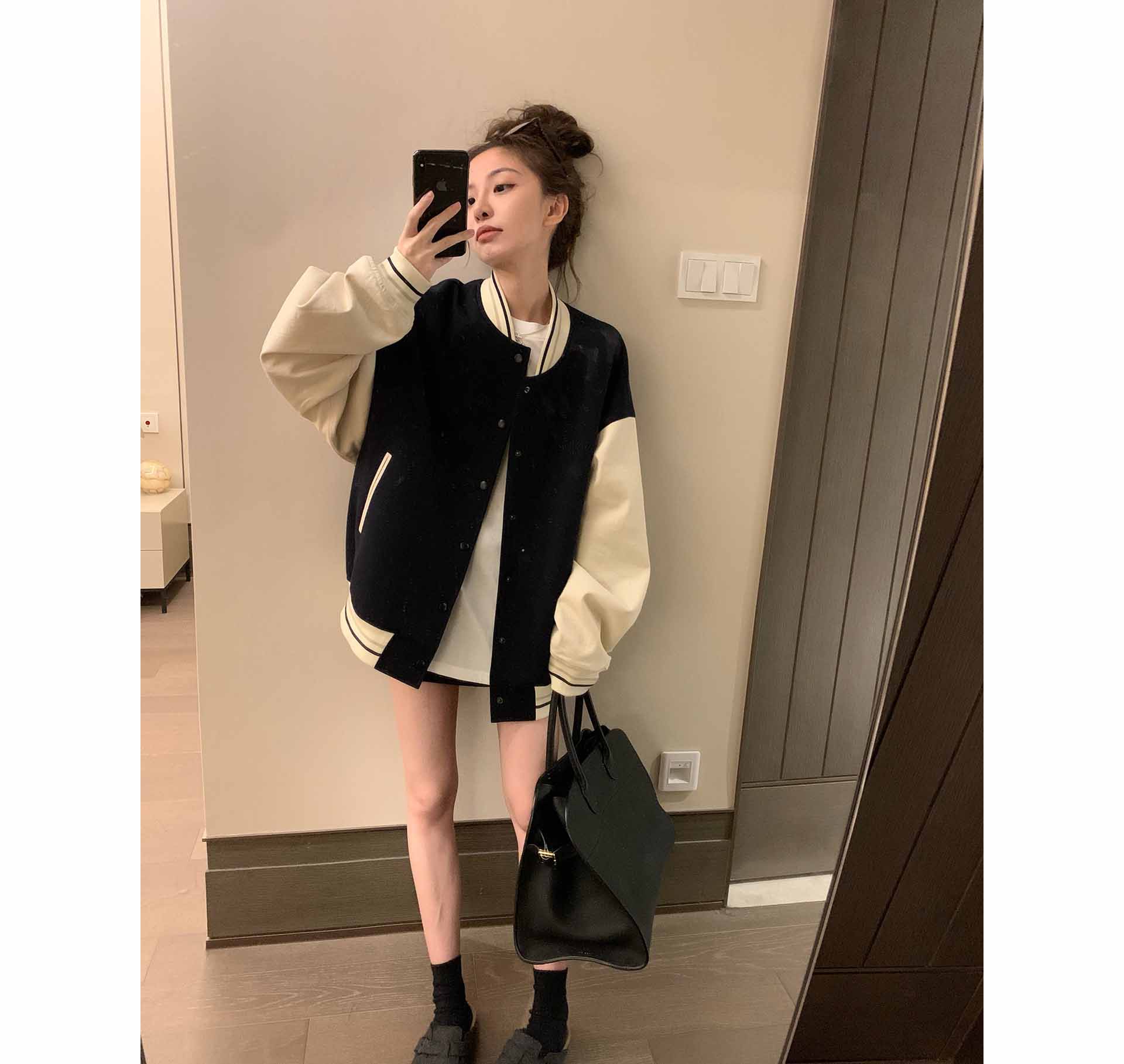 Retro Color Block Baseball Uniform Jacket Navy - Shop at LoveMi