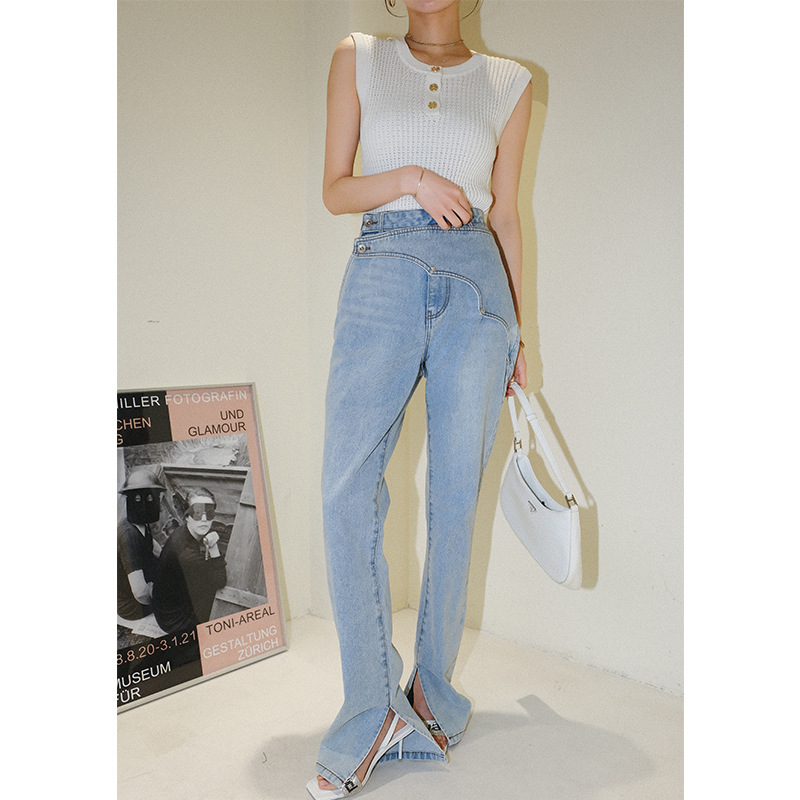 Side Slit High Waist Women's Slim Yuppie High Street Cotton Slim Jeans