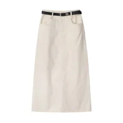 Vintage Denim A-line High Waisted Slim Skirt - Beige - View 1