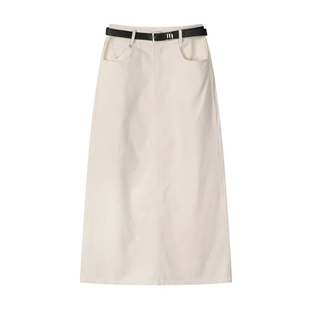 Vintage Denim A line High Waisted Slim Skirt Beige - Shop at LoveMi