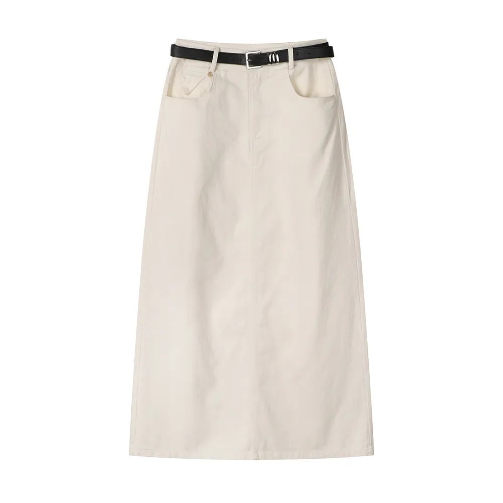 Vintage Denim A-line High Waisted Slim Skirt - Beige