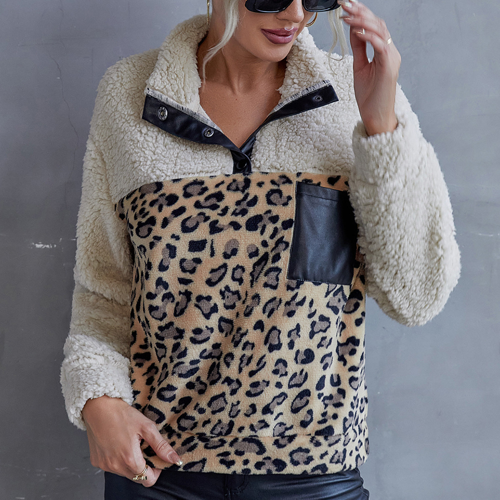 Plush Leopard Print Color Block Casual Sweater Lamb Wool