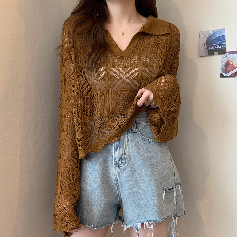 Women's Summer Loose Smock Top Hollow Sweater Chocolate - Shop at LoveMi