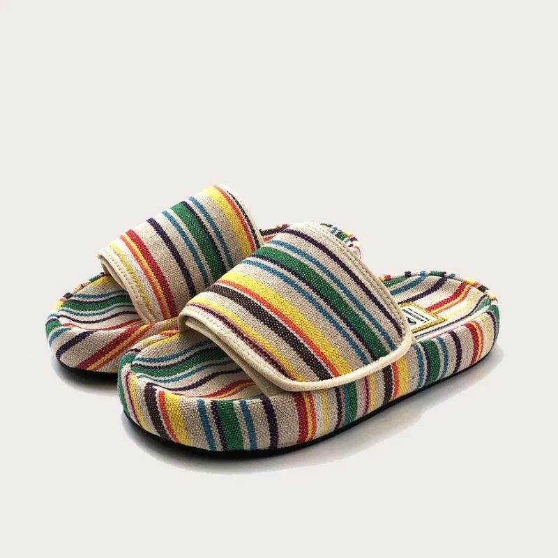 Paste Thick-soled Slippers Women Summer New Niche Design Rainbow Color Canvas Casual Outerwear Flip Flops - Green