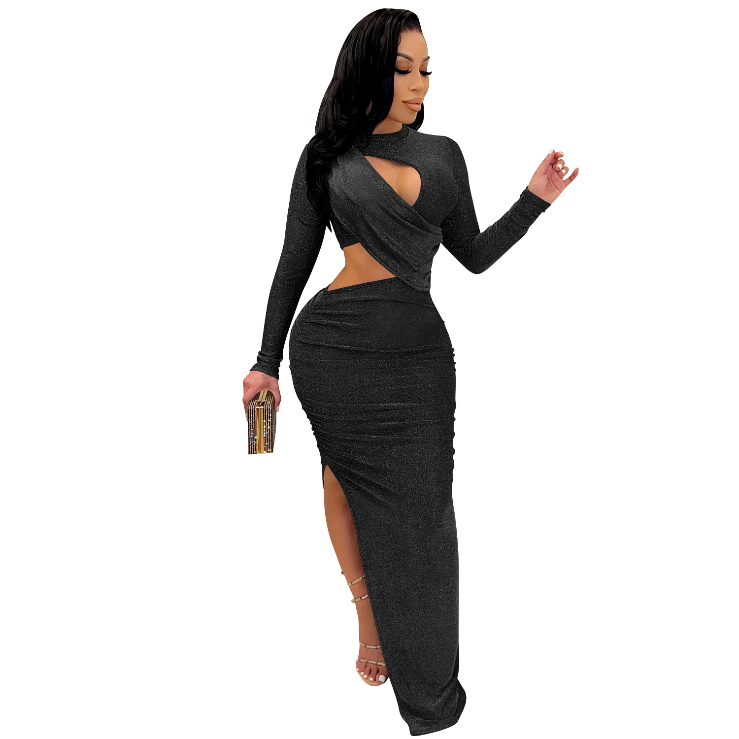 Ladies Long Sleeve Hollow Split Dress - 3