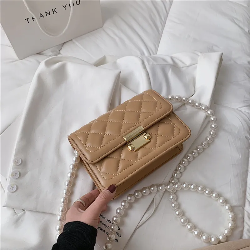 Pearl Chain Bag Diamond Crossbody Mini Square Bag - Khaki