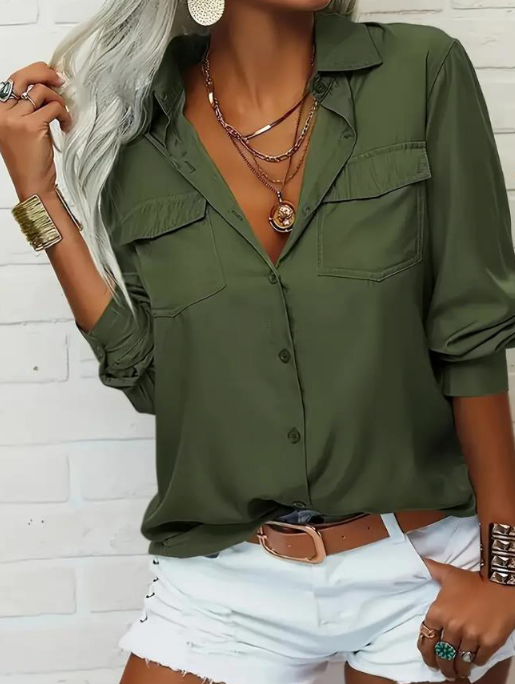 Ladies' Solid Color V-neck Lapel Pocket Casual Shirt - Picture 3 of 3