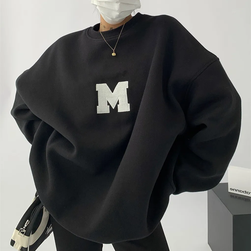 Women's Embroidered Compound Round Neck Sweatshirt Women Loose - Black