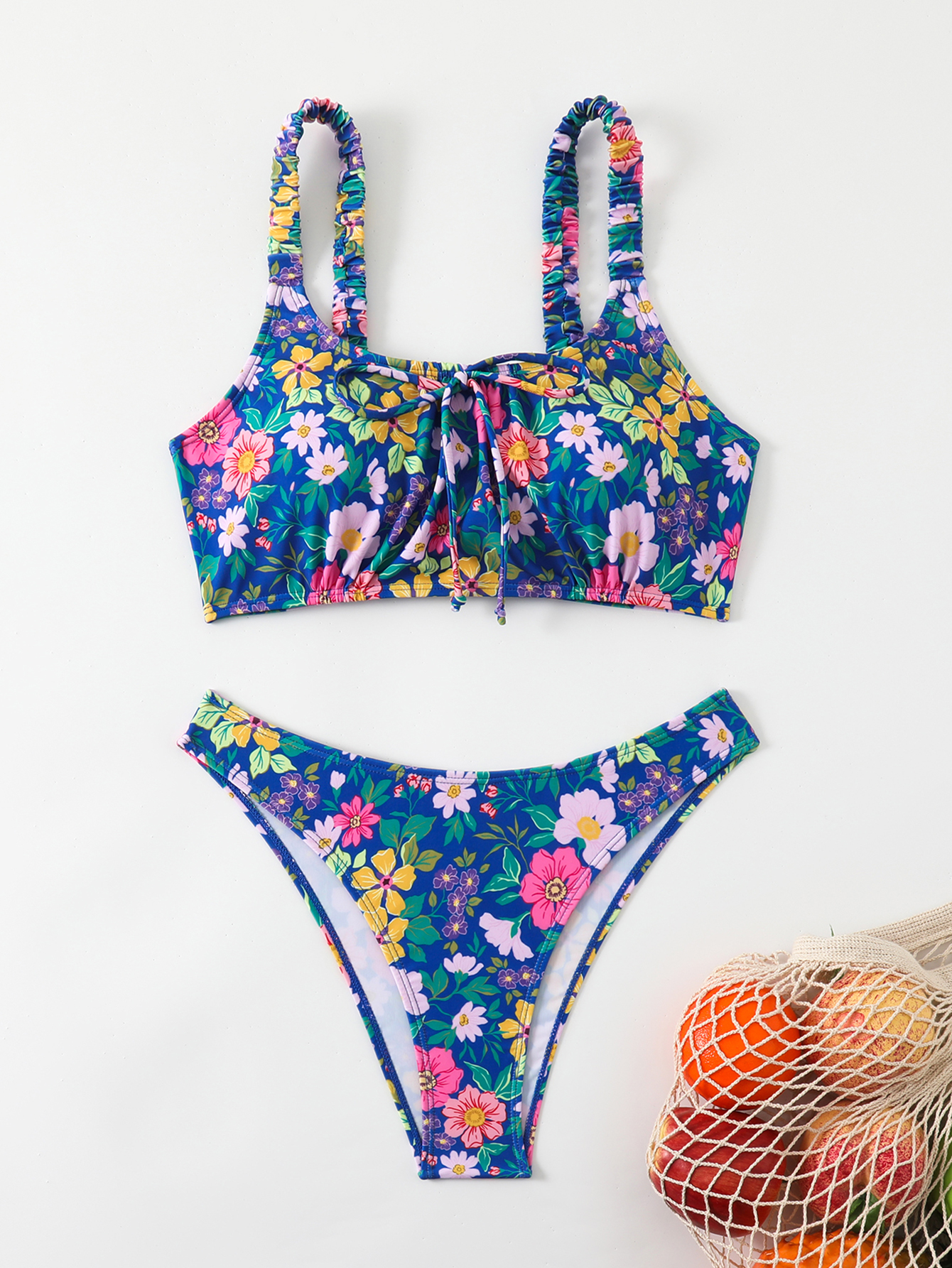 Women’s Floral Print Bralette Bikini Set, Ruched Shoulder Straps & Front Tie Top, High Cut Cheeky Bottom 2 Piece Swimsuit