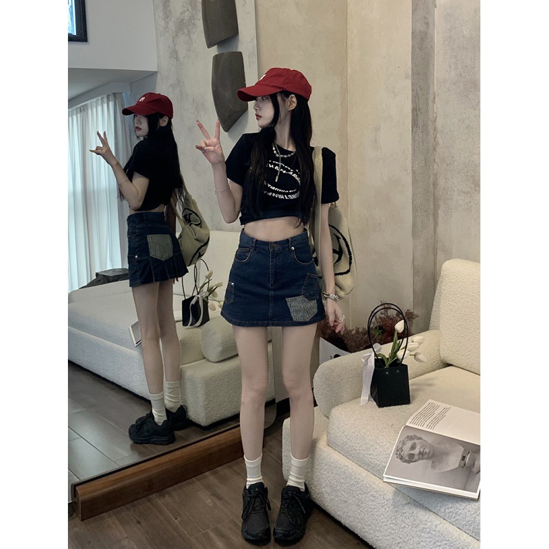 Contrast Patch Pocket Denim Skirt High Waist Slim