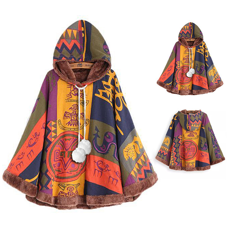 Cotton And Linen Printing Plus Velvet Cloak Loose Short Coat