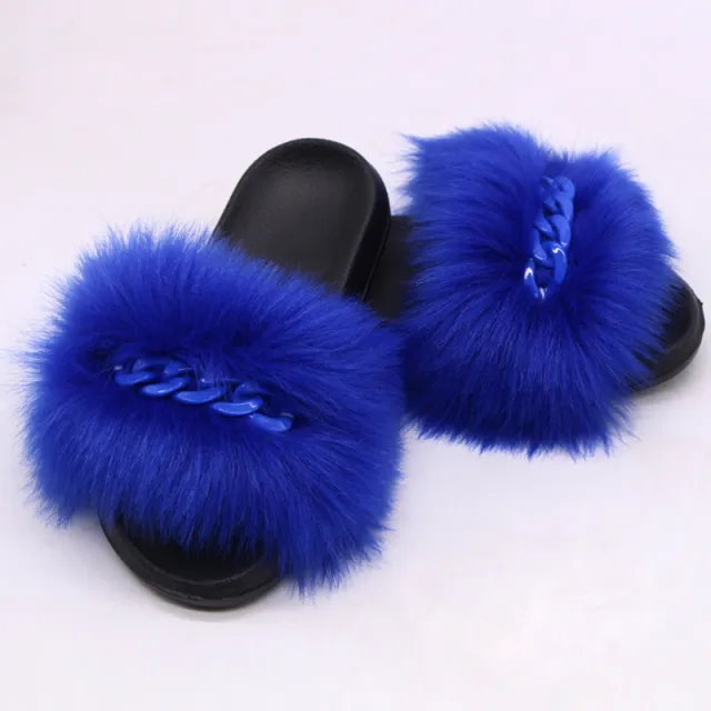 Faux Fox Fur Slippers Female Color Chain Plush Flip flop Sandals And Slippers Blue - Shop at LoveMi