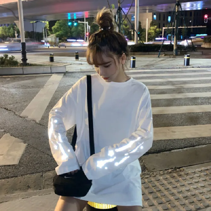 Men's And Women's Loose Casual Sweater Women's Personality Reflective Long Sleeves - White
