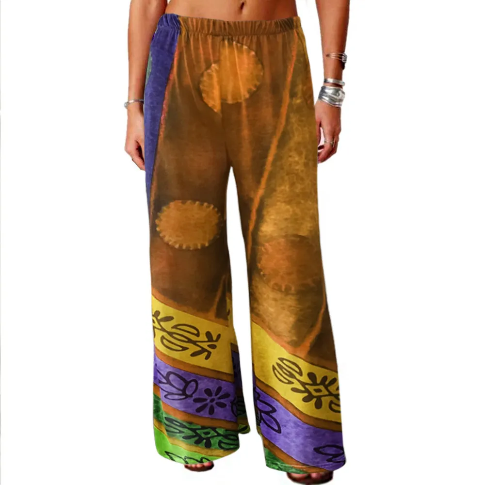 Vintage Printed Loose Wide-leg Trousers - Khaki