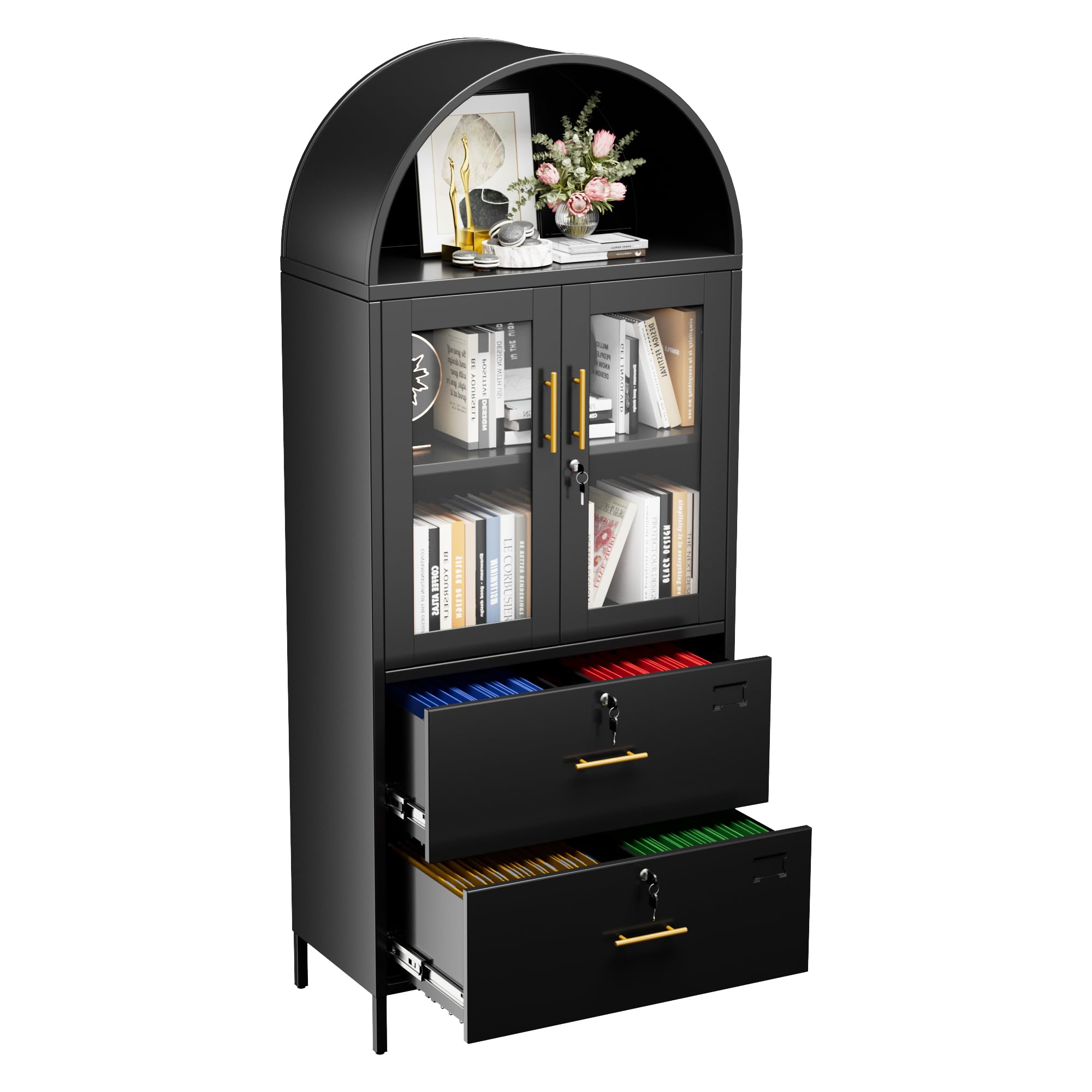 73inch H Metal Arch File Cabinet, Black Arched Bookcase With Locking Glass Doors And Drawers,Filing Cabinet For Home Office,Assemble Required,Black