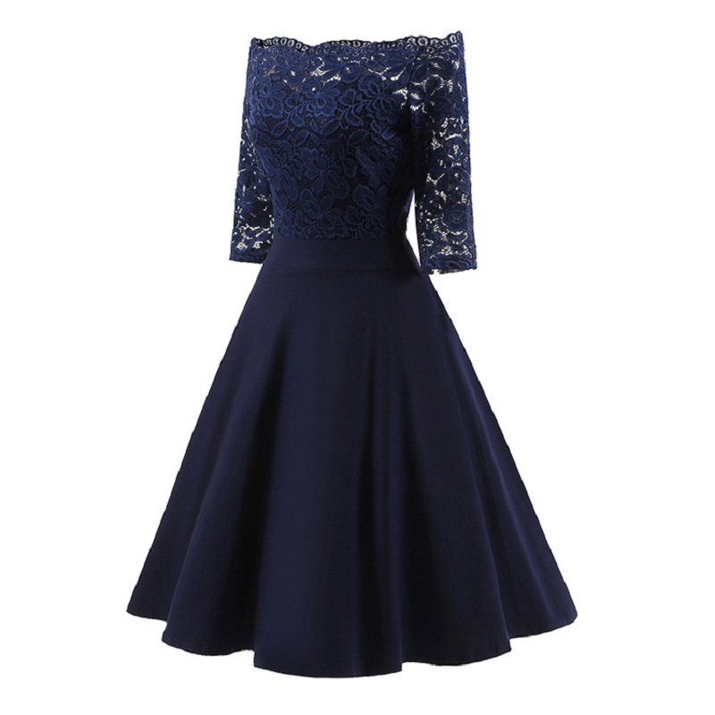 Casual Style Solid Color Mid sleeve Lace Large Swing Type One shoulder Dress Navy Blue - Shop at LoveMi