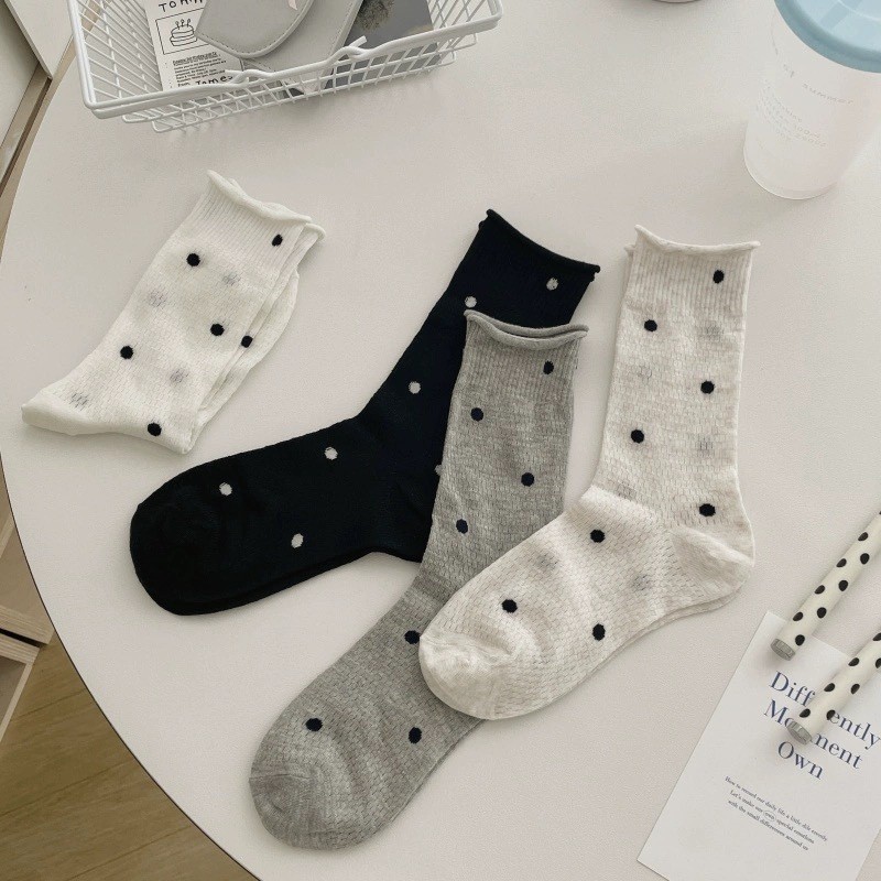 Vintage Polka Dot Crew Socks, Roll-Top Ribbed Knit Socks, Women's Casual Mid-Calf Socks In Black White Gray