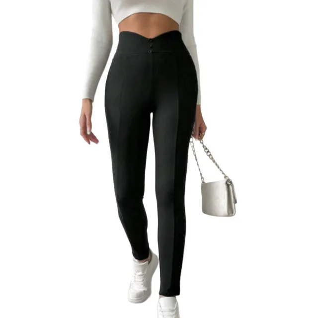 Brushed Leggings V Waist Button Casual Pants For Women Plus Fleece Outerwear Commuter Pants Black - Shop at LoveMi