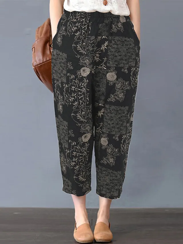Explosive Style Cotton And Linen Printed Casual And Comfortable Elastic Waist Women's Ninth Pants Black - Shop at LoveMi
