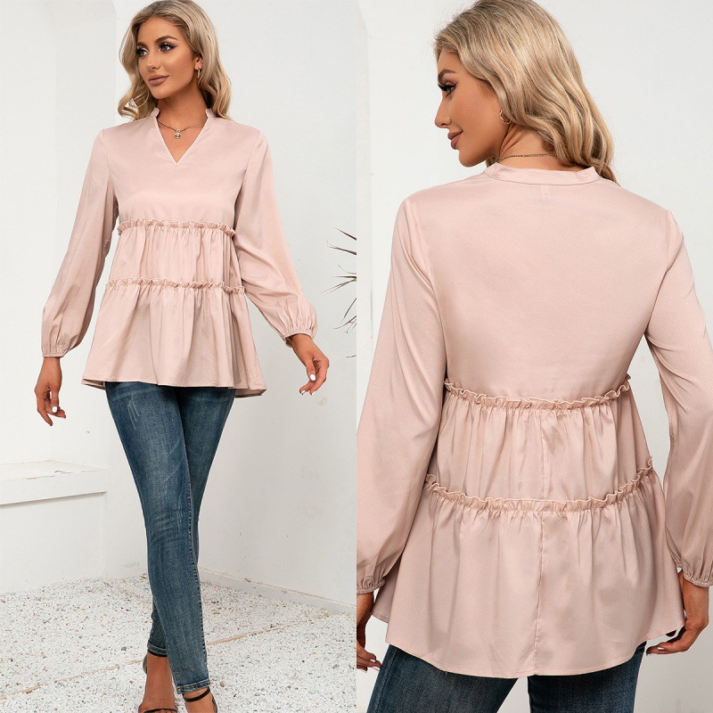 Solid Color Fungus Edge V-Neck Mid-Length Shirt Slim Fit Tata Shirt Top