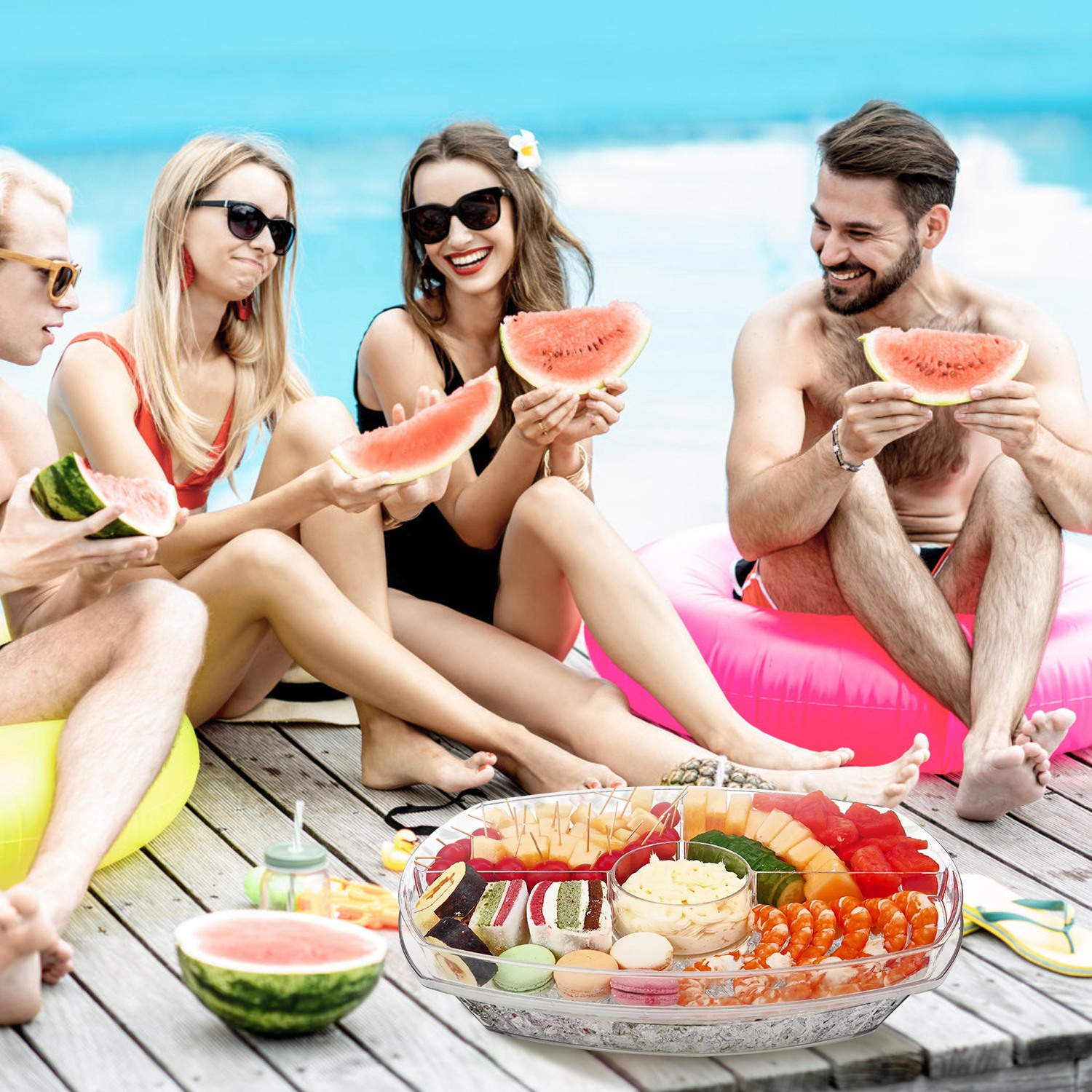 Fruit Ice Serving Tray Chilled Veggie Tray Shrimp Cocktail Serving Dish Appetizer Party Serving Platter Cold Food Buffet Server With Lid And 4 Compartments 3 Tongs 10 Sporks