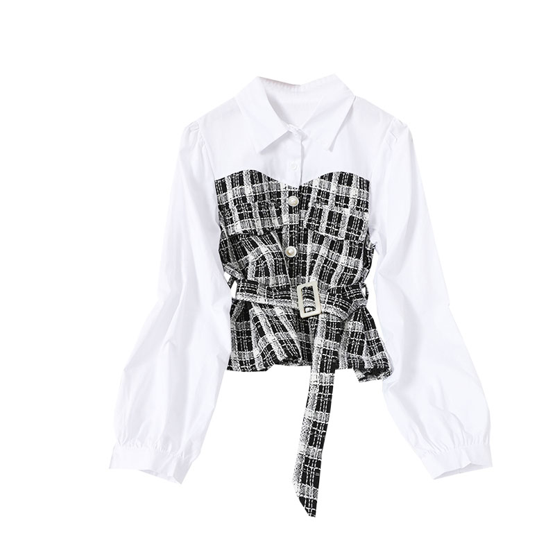 Plaid Stitching Ladies Shirt White Fake Two Piee - Image 1