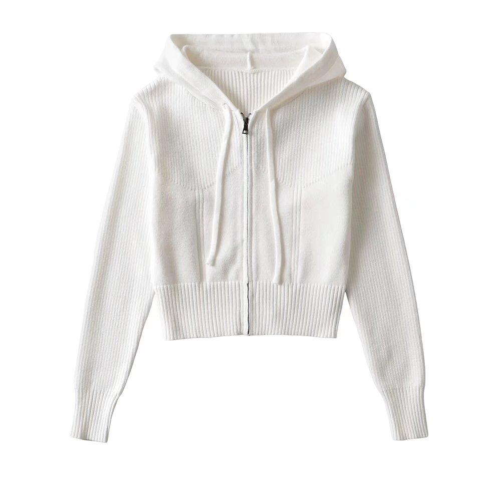 Women's Fashion Casual Solid Color Zip Hooded Knit Sweater