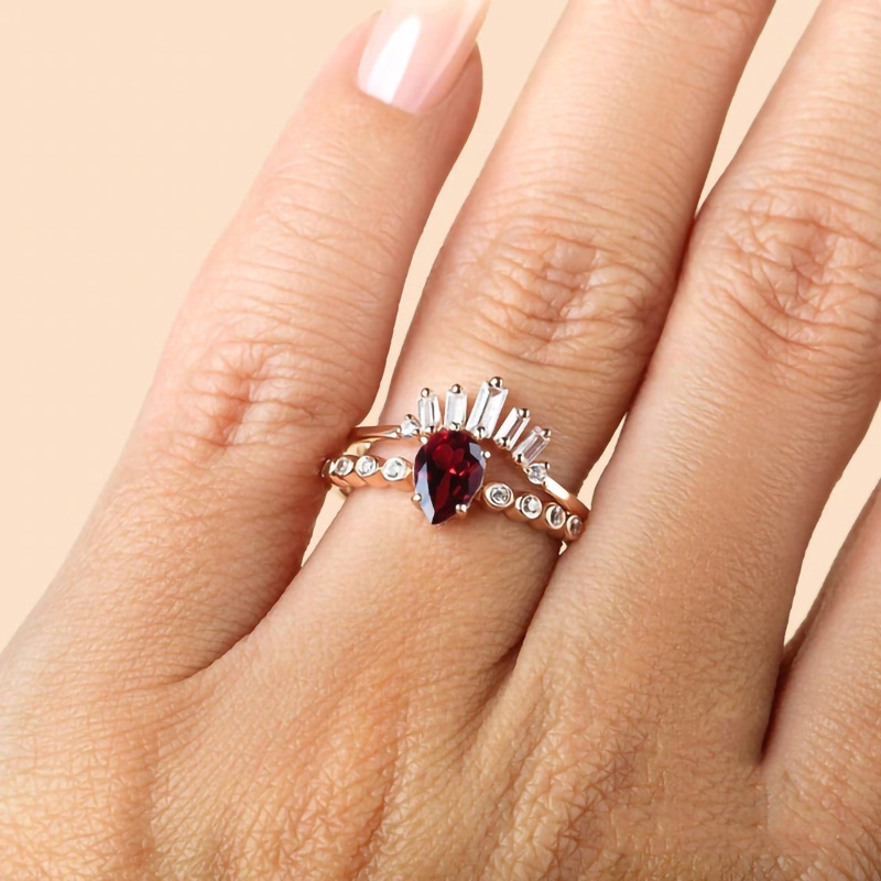 Rose Gold Waterdrop Old Ruby Micro Zircon Double Layer Ring