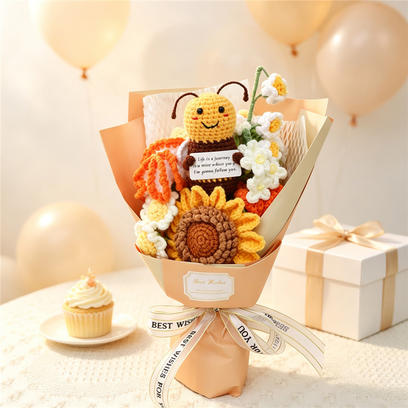 Handmade Crochet Bouquet With Cute Bee Doll, Sunflowers And Daisies, Everlasting Soft Yarn Knitted Floral Keepsake For Indoor Home Decor