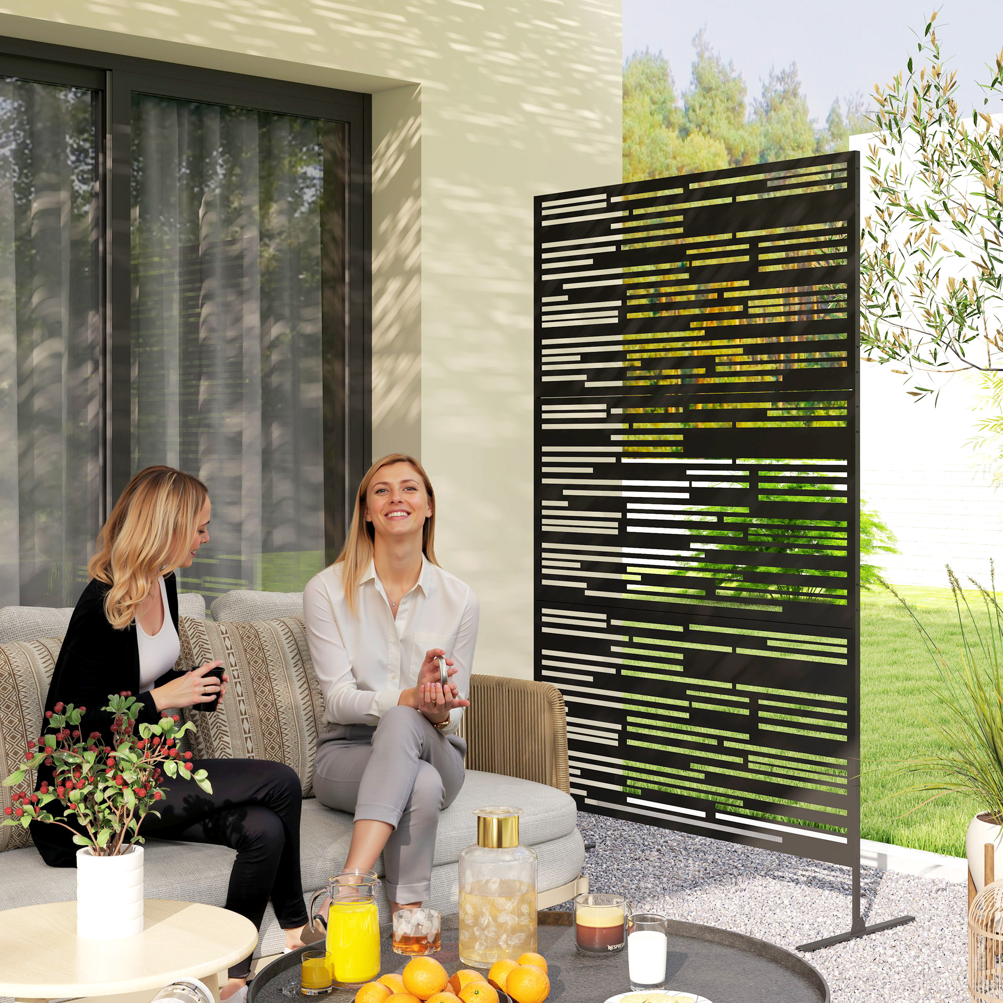 78 H X 48 W Metal Outdoor Privacy Screen, Freestanding Decorative Privacy Fence Screen For Balcony, Black