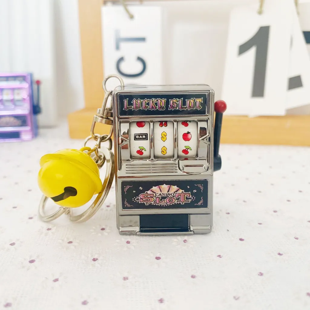 Mini Fruit Digital Lottery Novelty Palm Slot Machine Keychain - Black Plus Yellow Bell