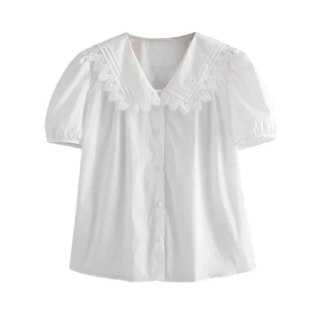 New Female French Doll Collar Embroidered Poplin Shirt White - Shop at LoveMi