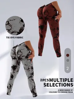 2 Pack Tie-Dye High Waist V-Back Yoga Leggings, Peach-Hip Enhancing Athleisure Tights, Sport Style Fitness Pants - 2Pack3 - View 1