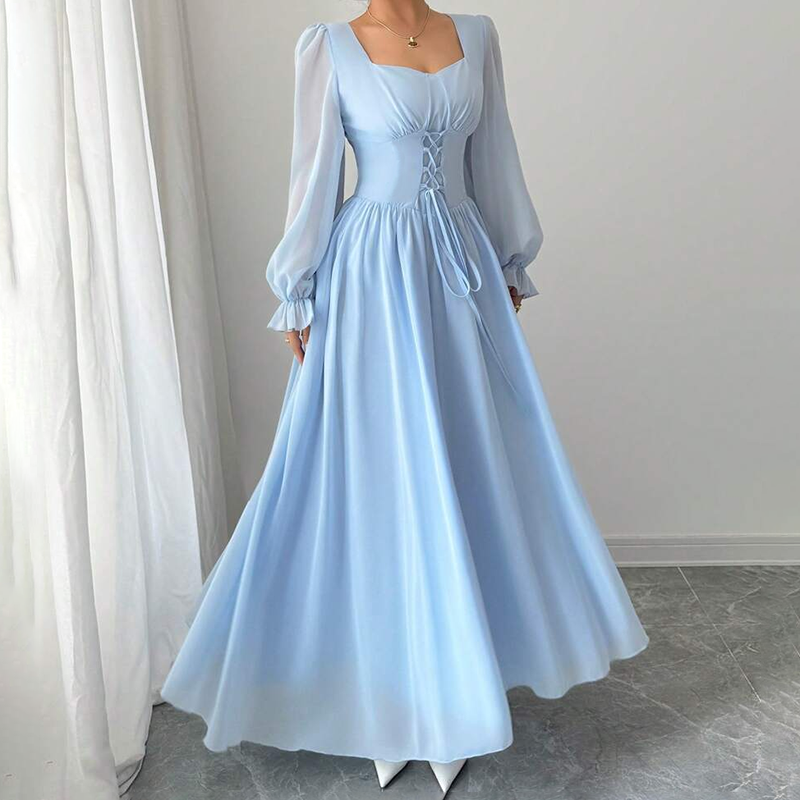 Women's Square Neck Long Sleeve A Line Maxi Dress With Puff Sleeves & Tie Waist For Wedding Guest, Party, Formal Events Blue - Shop at LoveMi