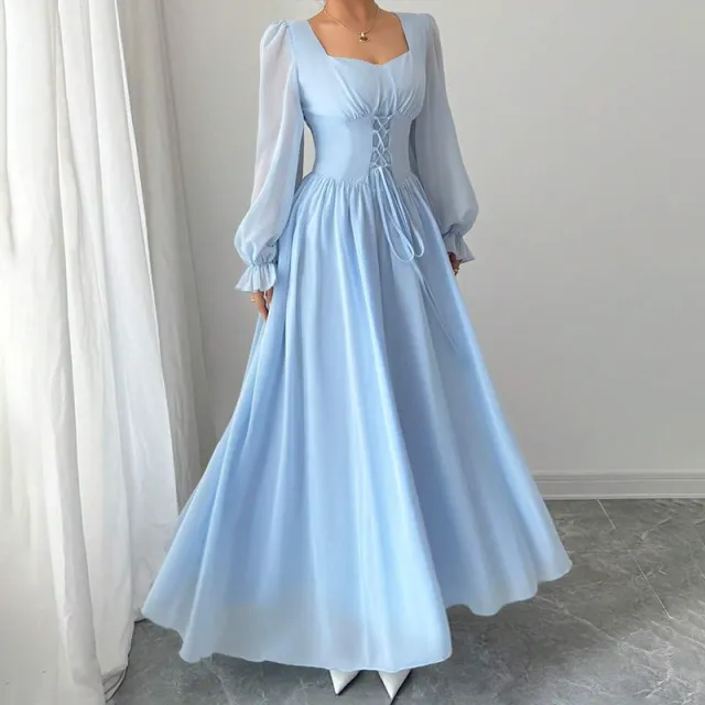 Women's Square Neck Long Sleeve A Line Maxi Dress With Puff Sleeves & Tie Waist For Wedding Guest, Party, Formal Events Blue - Shop at LoveMi