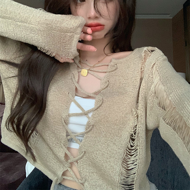 Niche Design Drawstring Lace up Cutout Ripped Long Sleeves Sweater For Women Apricot - Shop at LoveMi