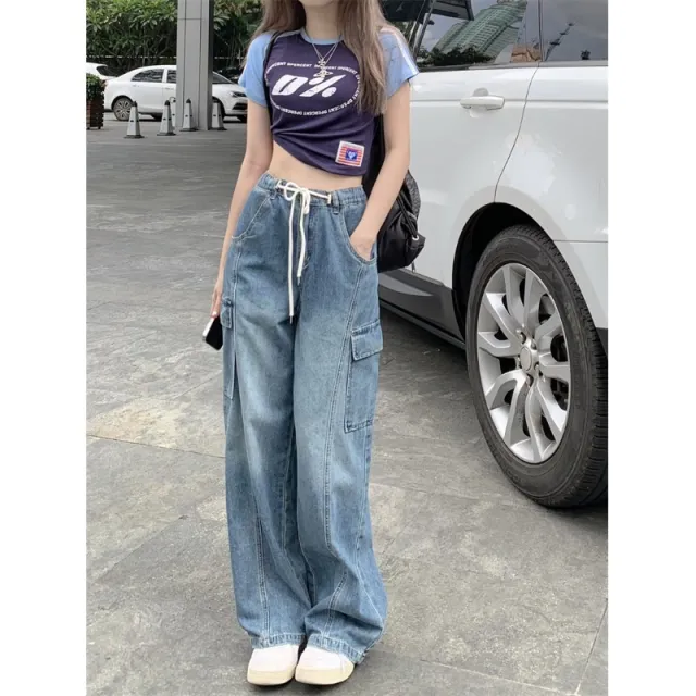 American High Street Drawstring Elastic Waist Jeans Women Blue - Shop at LoveMi