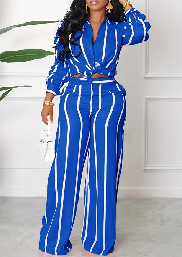Women's American Retro Striped Lapel Long Sleeve Wide-Leg Pants Suit