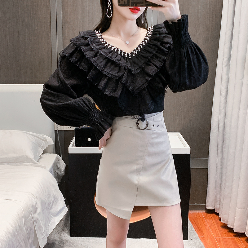 Design Sense Niche Bubble Long-sleeved Lace Stitching Ruffled Shirt Tide