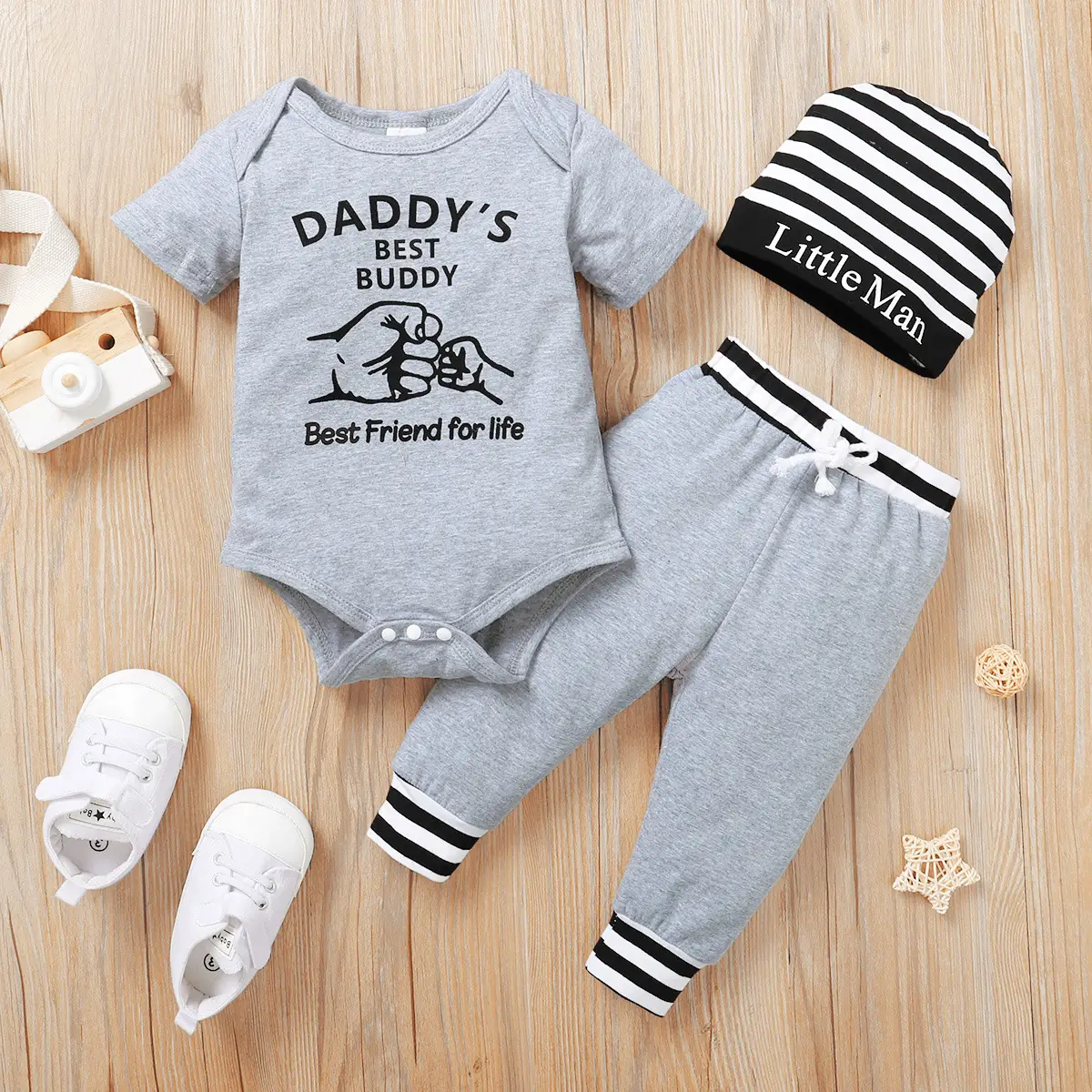 Monogram Print Short Sleeve Top Solid Color Trousers 3 Piece Suit