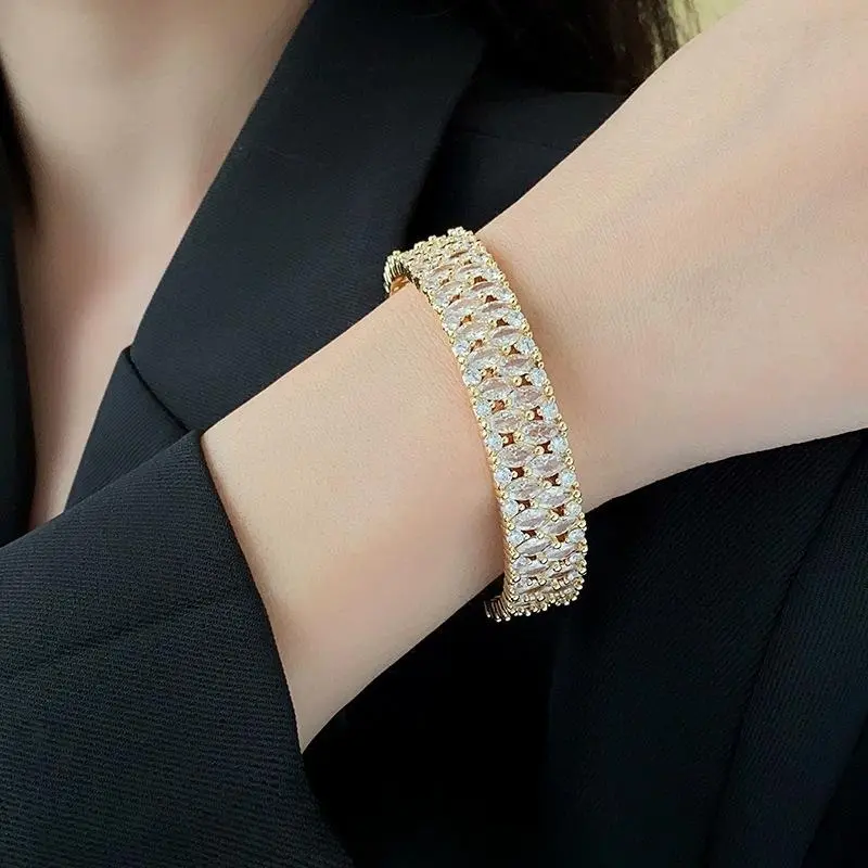 Personality Affordable Luxury Fashion Real Gold Plating Zircon Metal Open-ended Bracelet