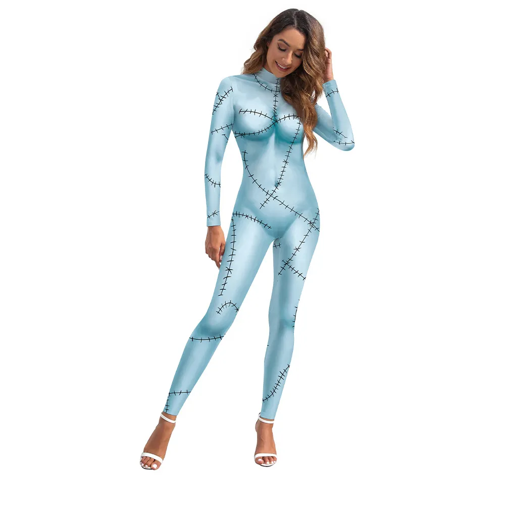 Patchwork Doll Halloween Costume Jumpsuit for Women - Light Blue