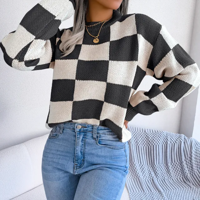 Women's Checkered Crewneck Sweater Spring Fall Fashion Loose Pullover Top Black - Shop at LoveMi