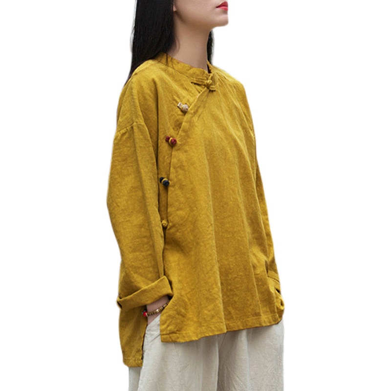 Women's Cotton Linen Stand Collar Button Up Shirt Top