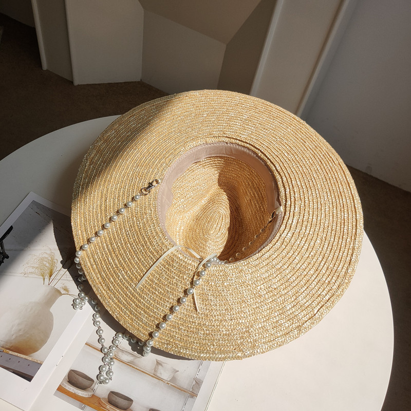 French Pearl Chain Big Brim Wheat Straw Jazz Straw Hat Beach