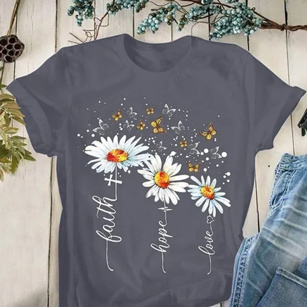 Round Neck Casual Creative Floral Print Short Sleeves Grey - Shop at LoveMi
